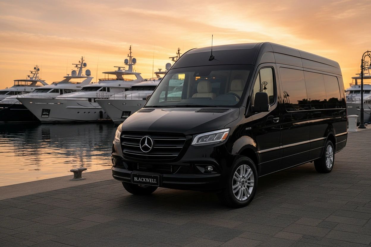 Blackwell Sprinter van dockside at a luxury yacht harbor