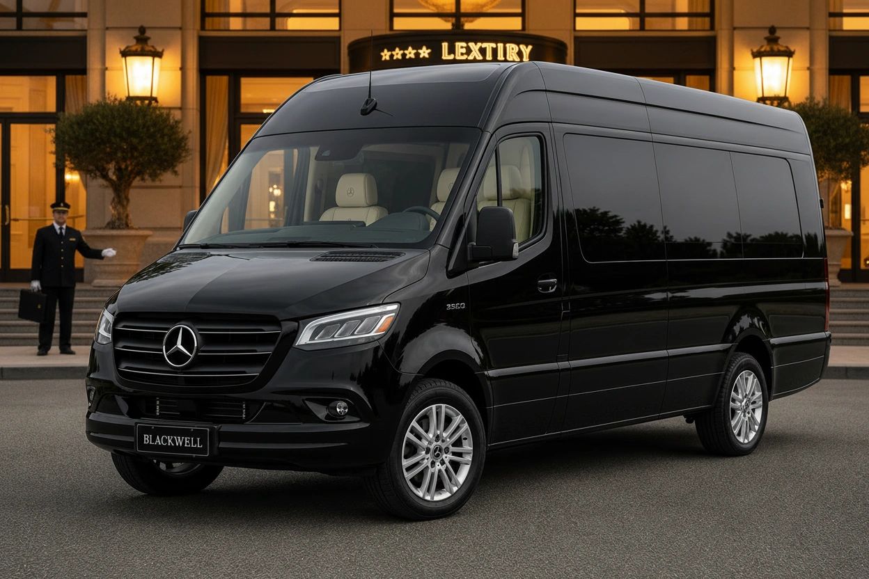 Blackwell Sprinter van at a 5-star luxury hotel entrance