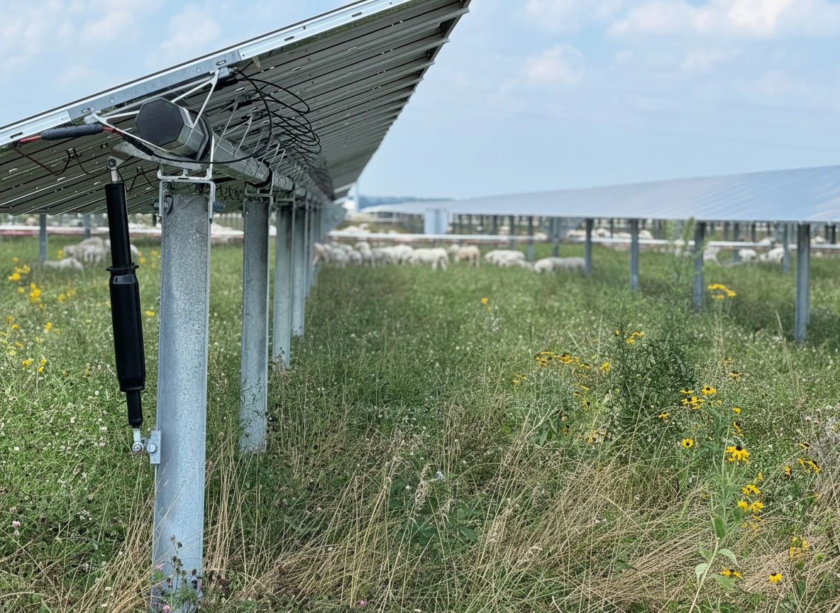 Solar panels integrated with crop rows in an agrivoltaic field