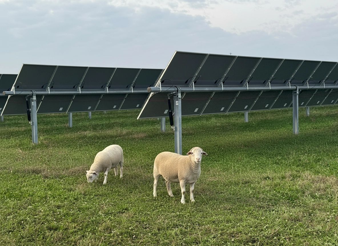 Sheep grazing beneath elevated solar panels in a pastoral agrivoltaic setting