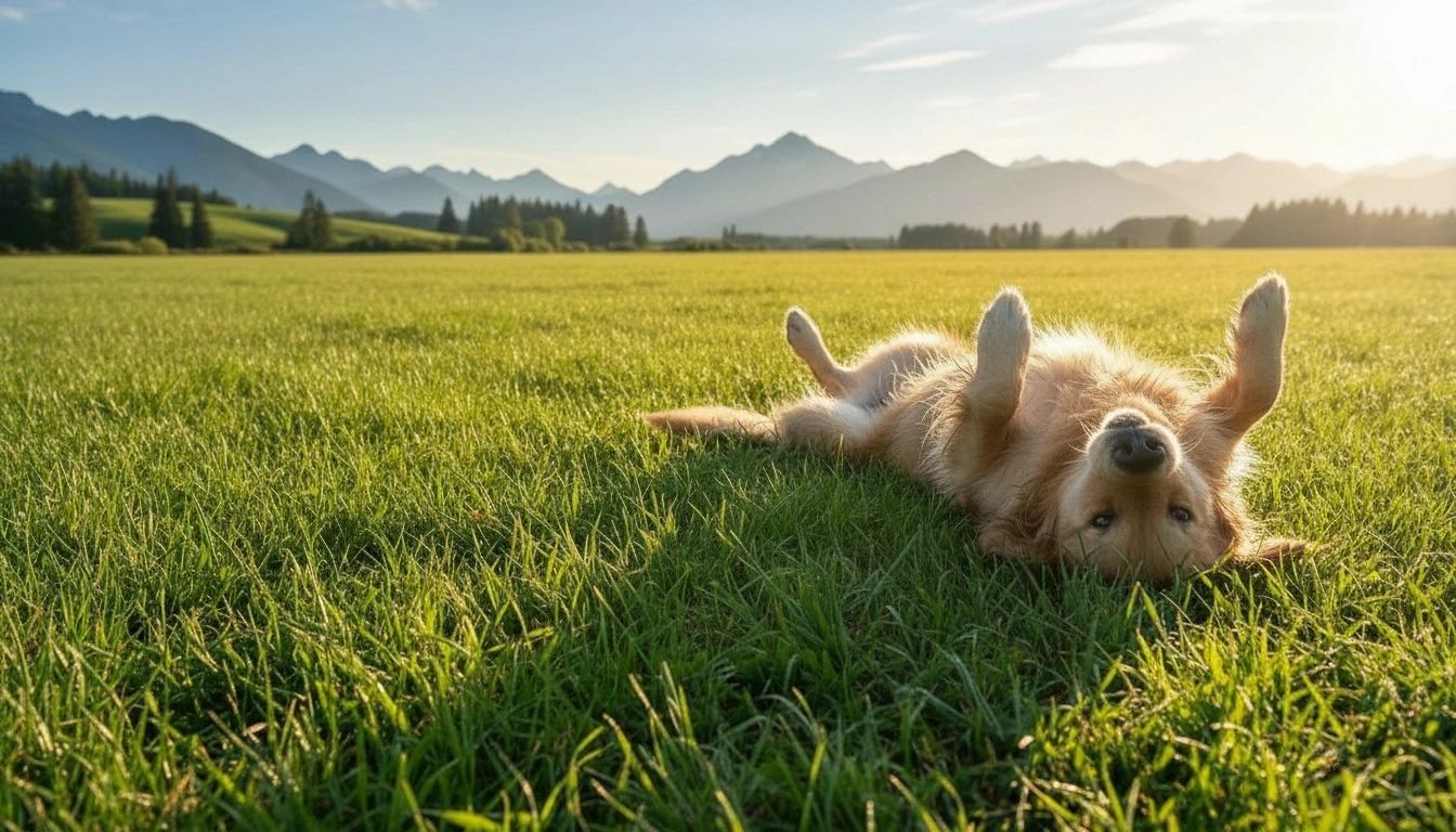 Golden retriever rolling in grass — Not Again™ stops dogs from rolling in dead animals and poop