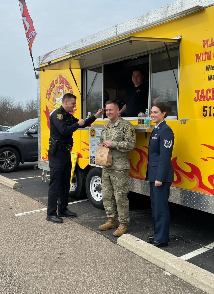 Warren County Sheriff and military veterans ordering at Jack Of Dawn's food truck