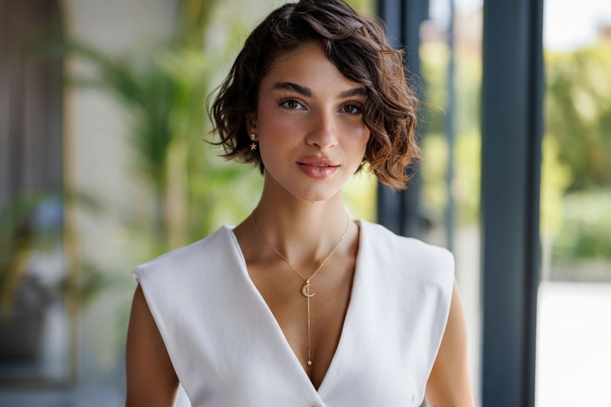 SOLEA celestial jewellery — model wearing gold crescent moon necklace and star earrings