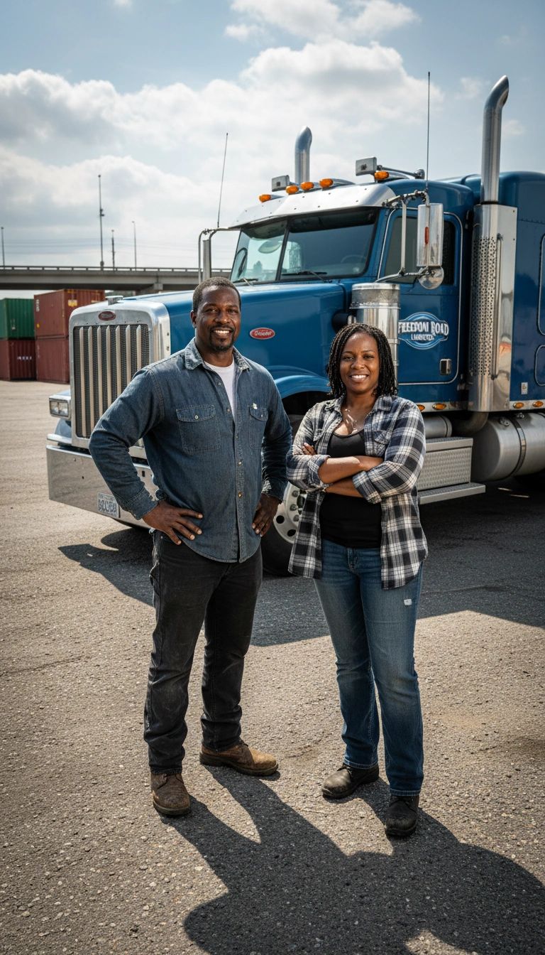 Black owner-operator couple standing in front of their semi truck