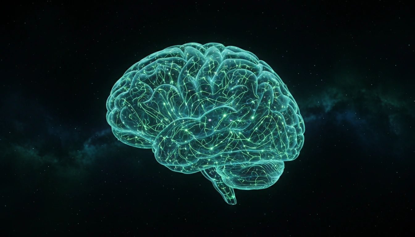 Modern digital illustration of a glowing human brain with neural connections