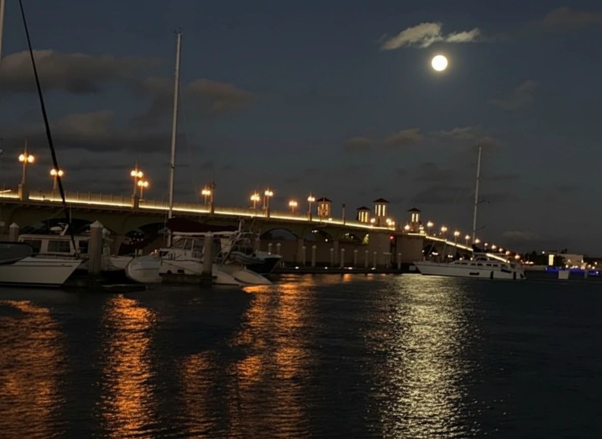 Bridge of Lions lit up at night with full moon reflecting on the water in St Augustine Florida
