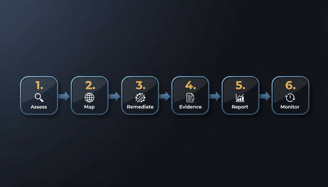 NIS2 six-step compliance process: Assess, Map, Remediate, Evidence, Report, Monitor