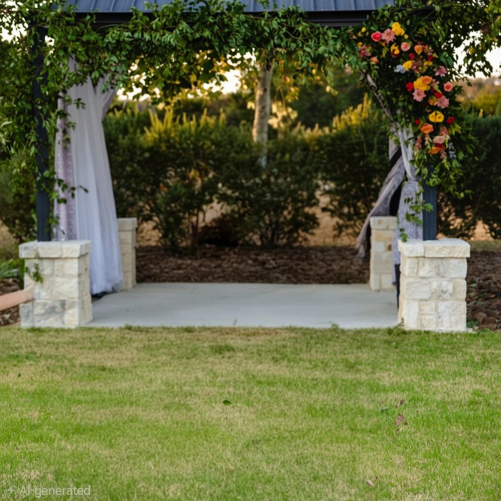 Elegant outdoor gazebo with limestone pillars, white draping, colorful floral arch and lush green lawn at Kai-Simone Winery