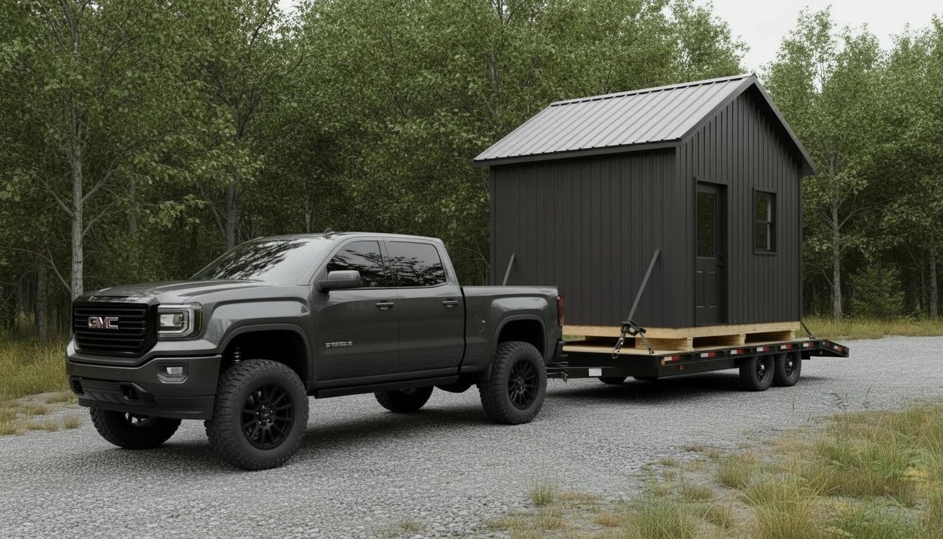 Sonic Safehouse RTM studio on a deckover tilt trailer towed by a 2003 GMC Sierra