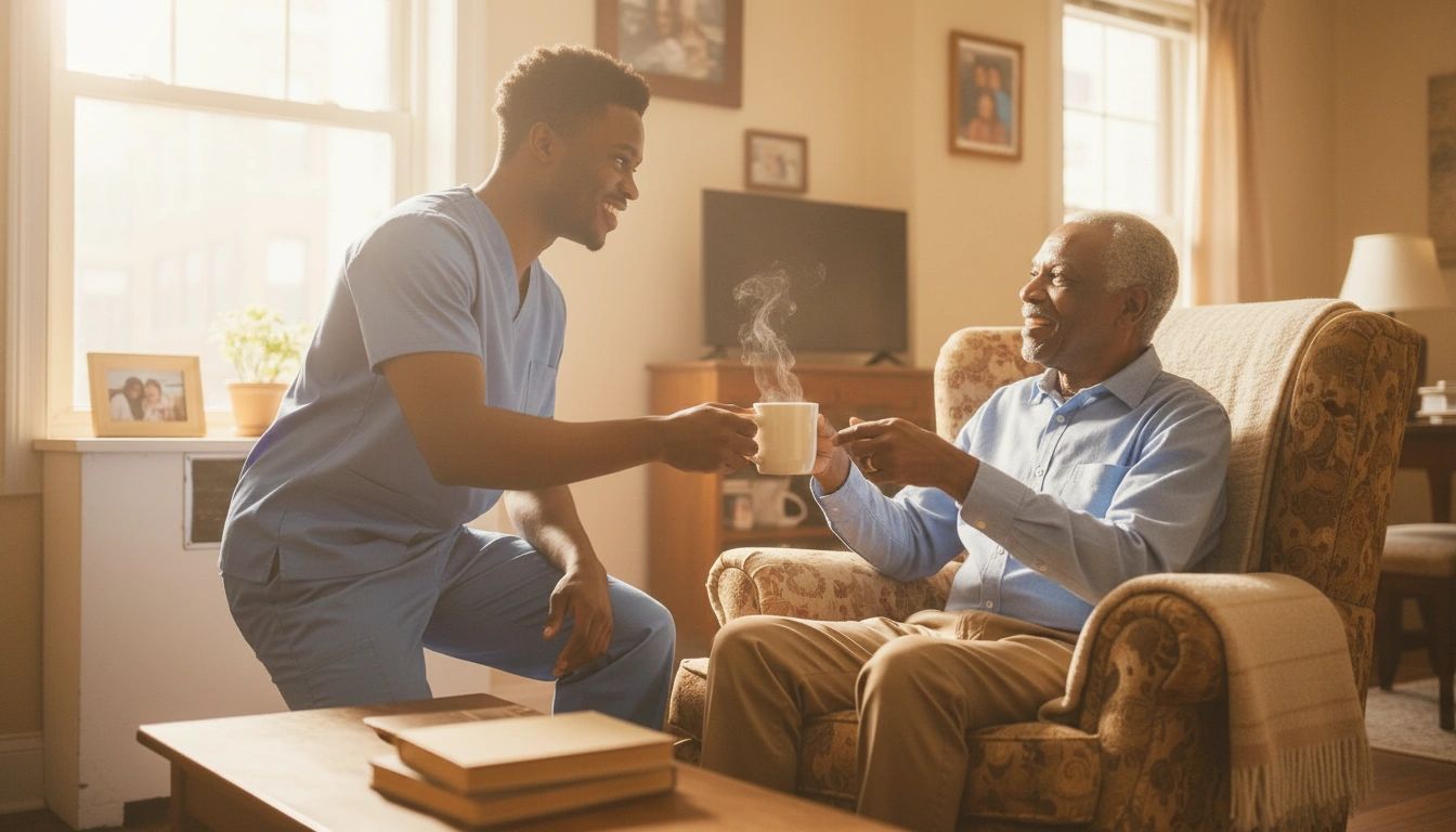 African American male caregiver in blue scrubs handing coffee to elderly African American gentleman