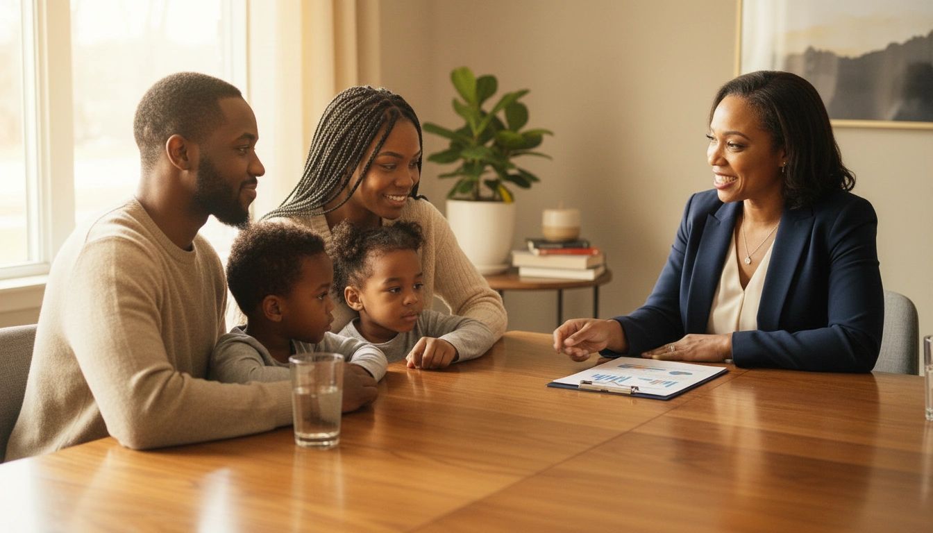 Middle-aged Black woman presenting care plan to young Black family