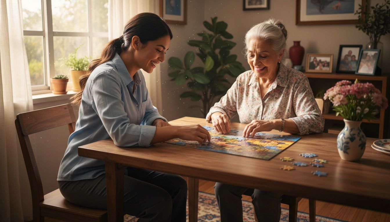 Hispanic female caregiver and elderly Hispanic woman doing a puzzle together at dining room table