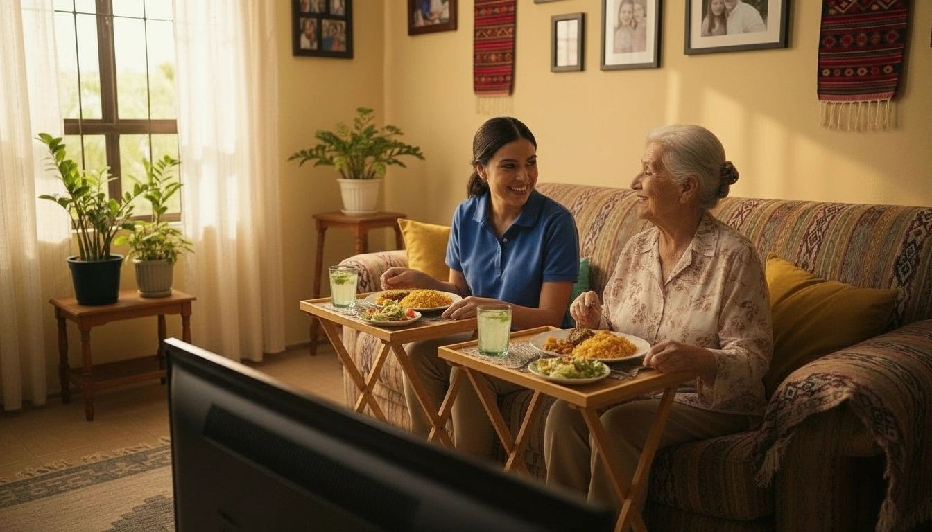 Hispanic caregiver and elderly Hispanic woman watching television together with dinner trays in cheerful apartment