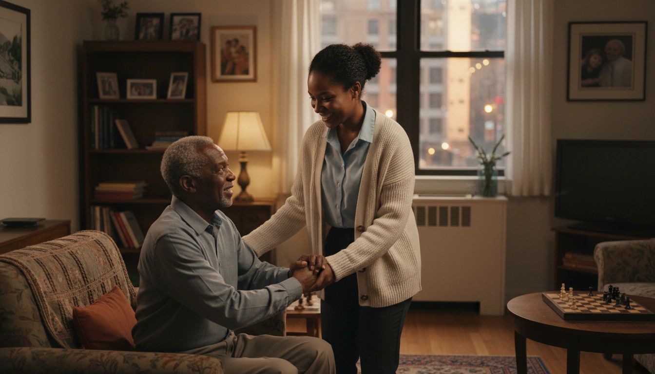 African American female caregiver helping elderly African American man at home
