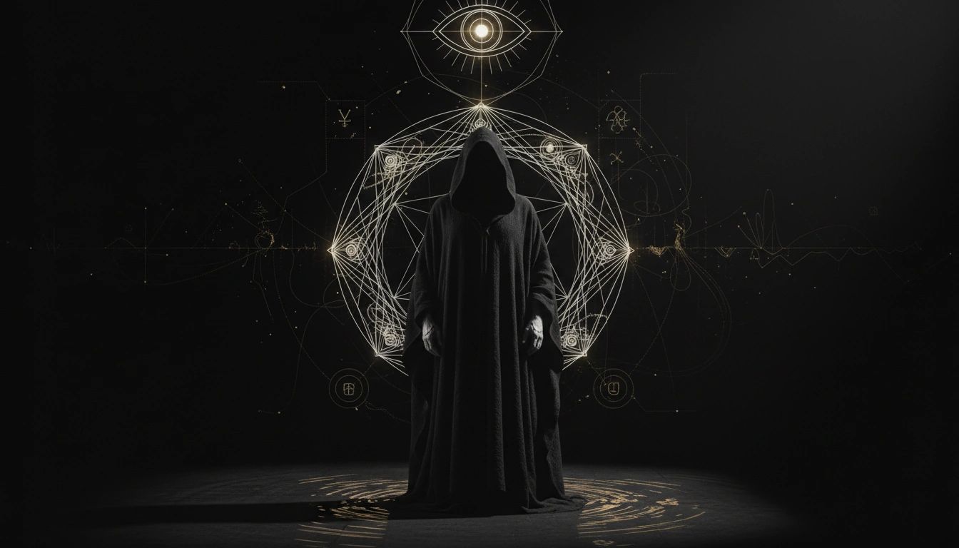 No Magic in the System — the hooded figure stands between the geometric threshold and the unblinking Eye. Restraint is real power.