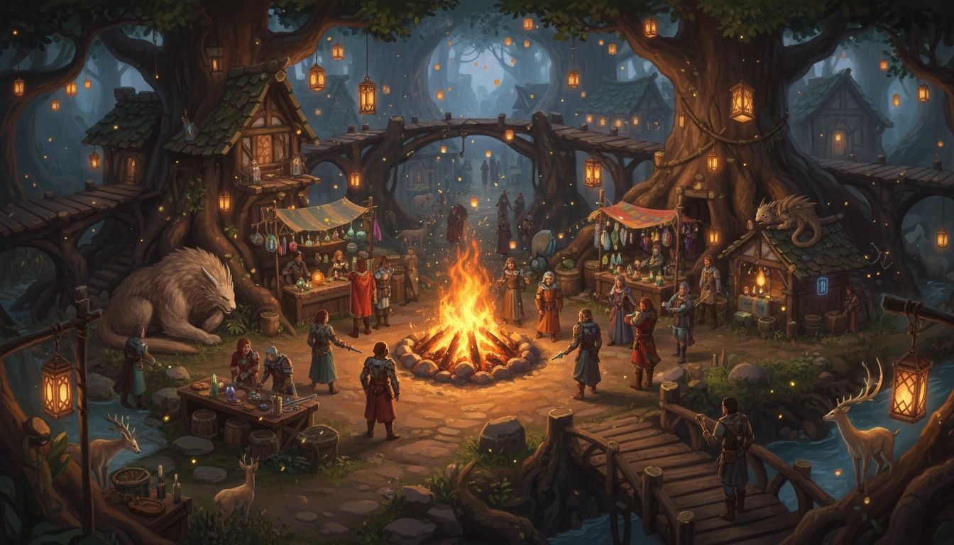 A lantern-lit forest village in the Ecosystem — community at the heart of Enneäd