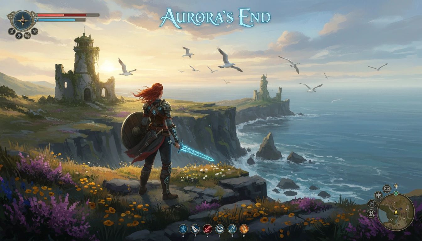 The coastal biome at sunrise — cliffs, wildflowers, ancient lighthouse ruins