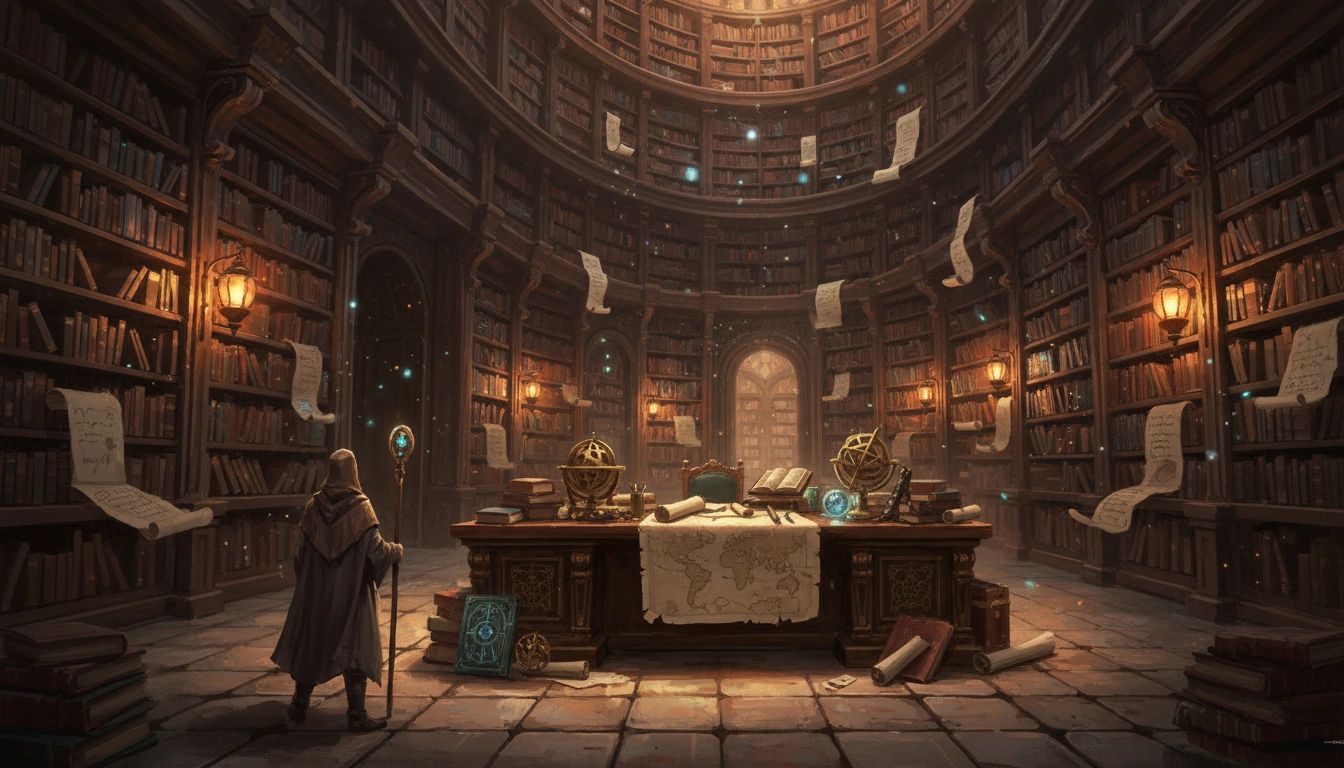 The archive biome — ancient library with floating tomes