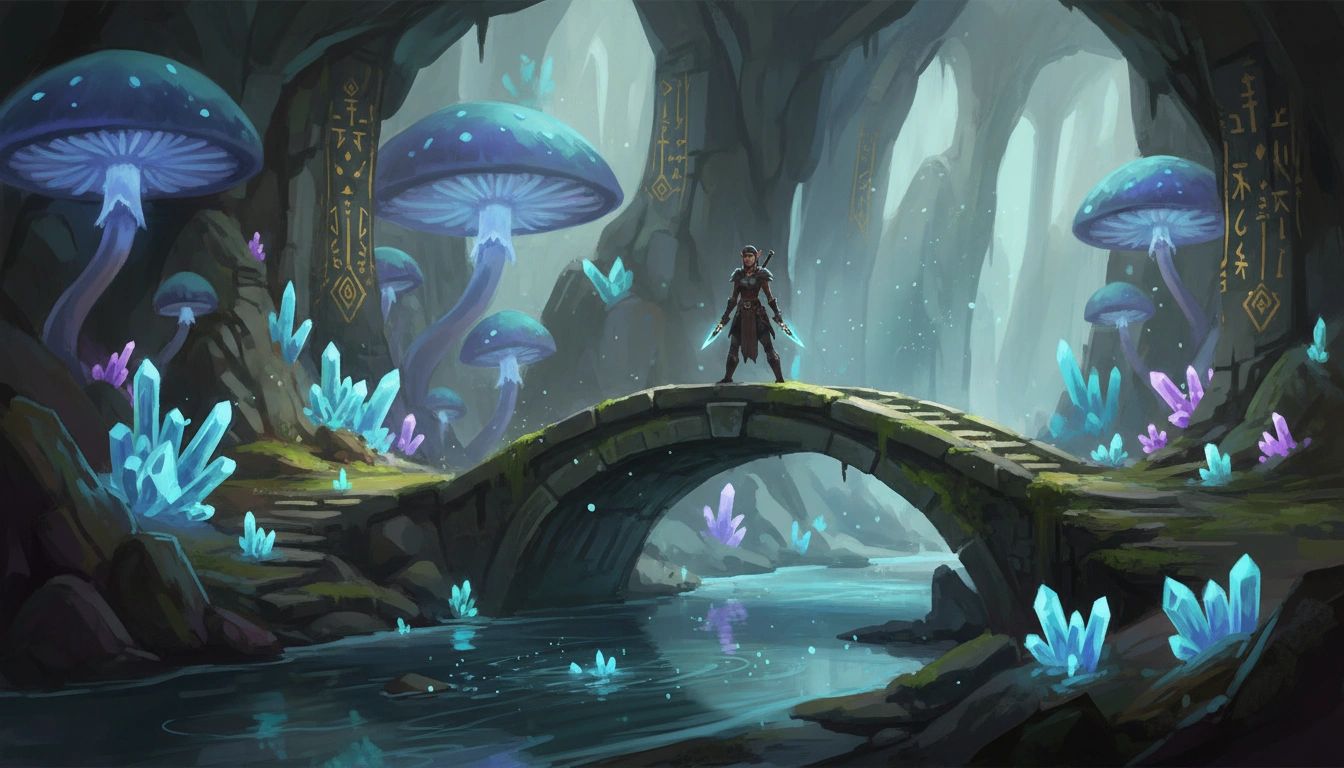 The cave biome — bioluminescent mushrooms and underground rivers