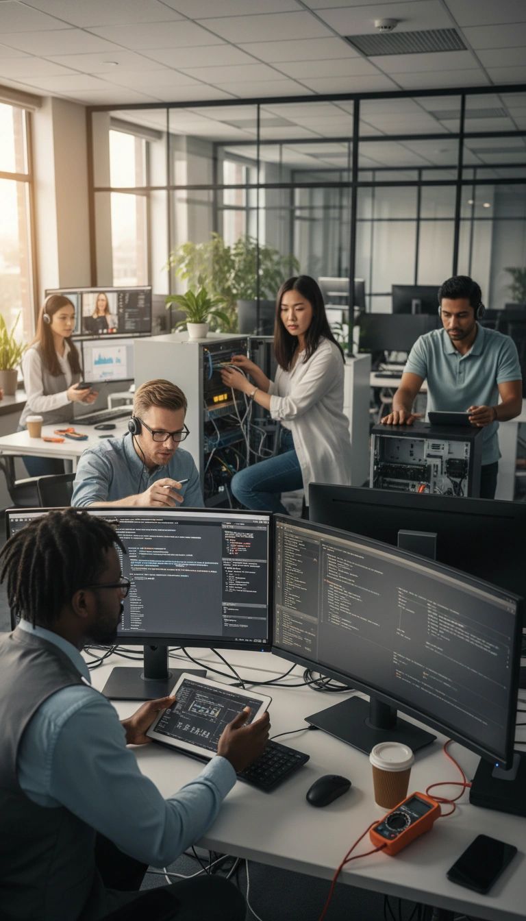 Diverse multicultural IT staff fixing and adjusting technical problems
