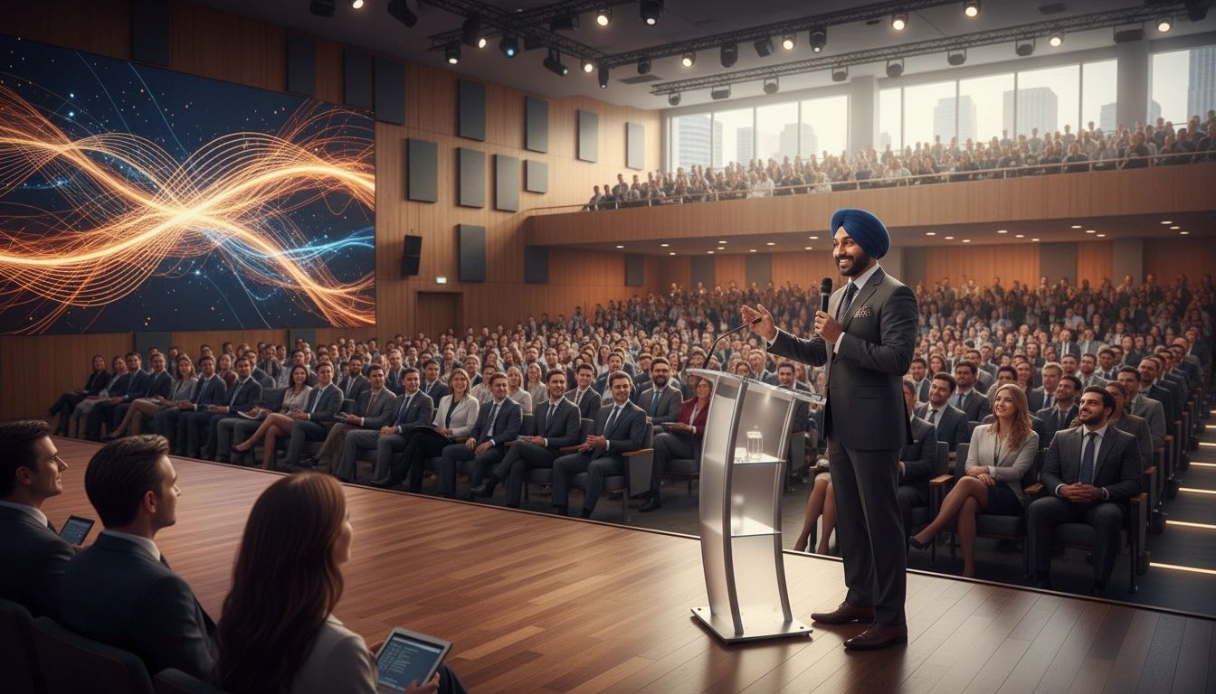 Professional speaker wearing a turban leading a large conference