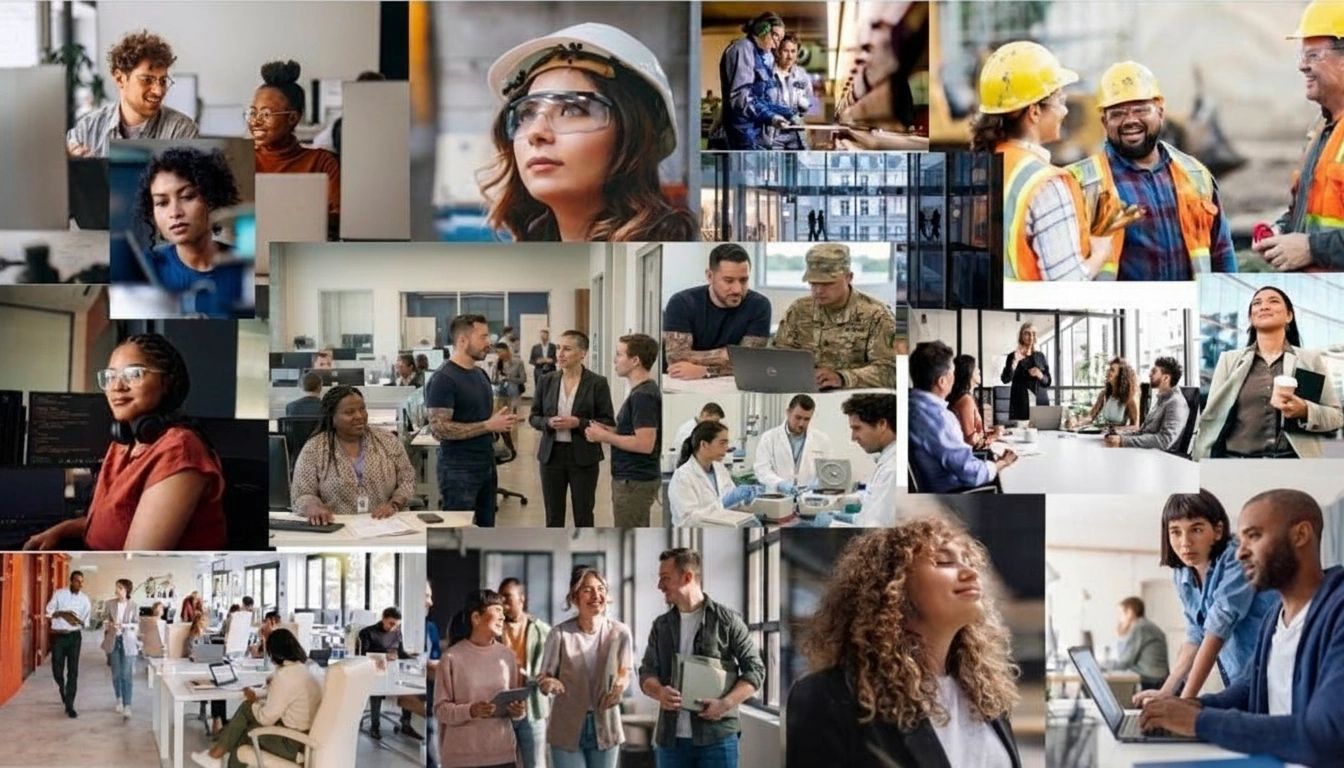Diverse working people collage — engineers, military, scientists, office professionals and construction workers