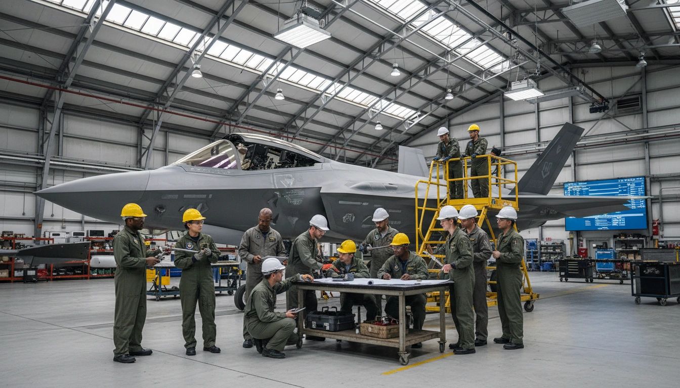Diverse aerospace engineers and technicians working on a military jet aircraft in a hangar