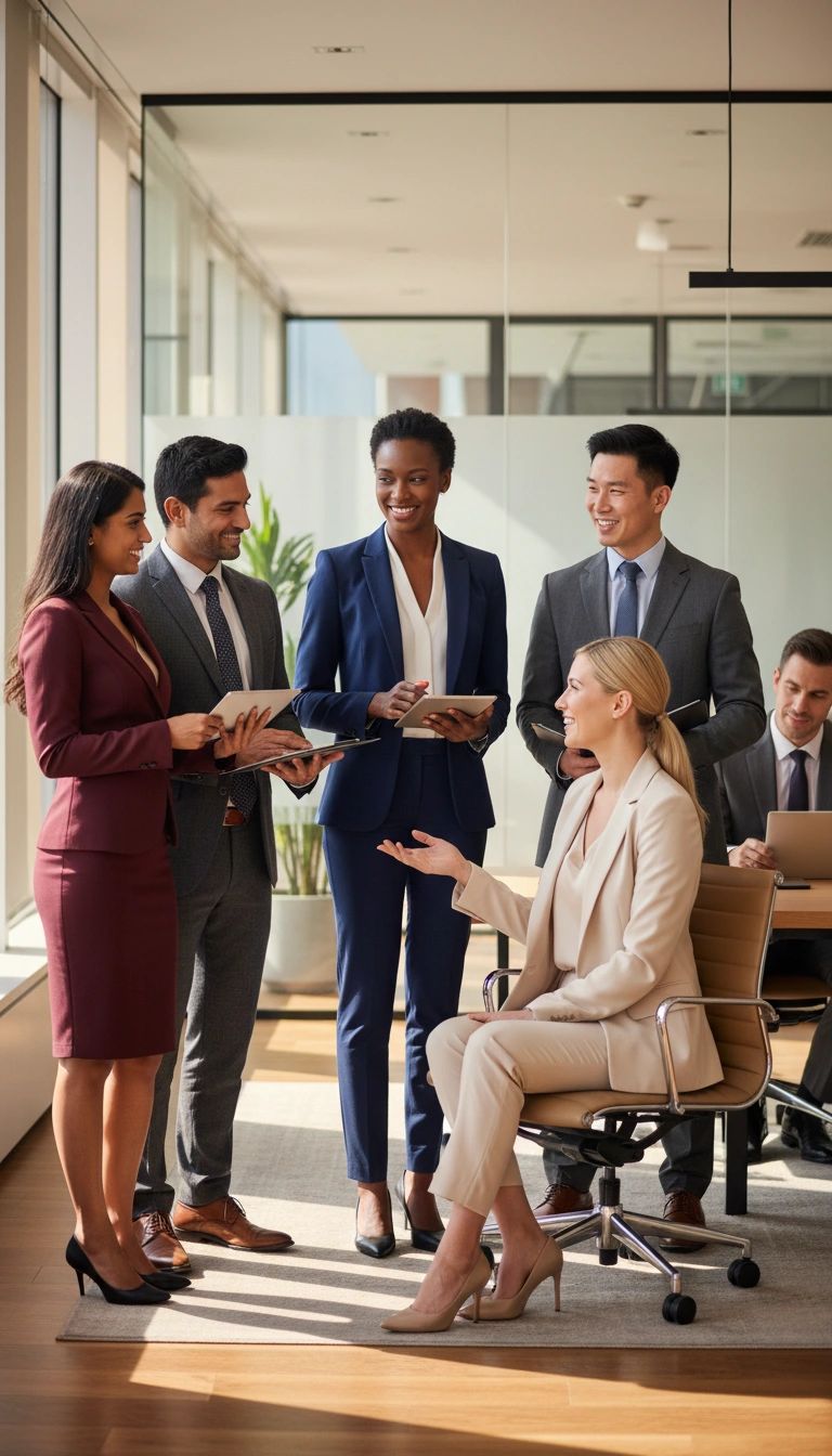 Diverse multicultural executive assistants — men and women in professional business attire