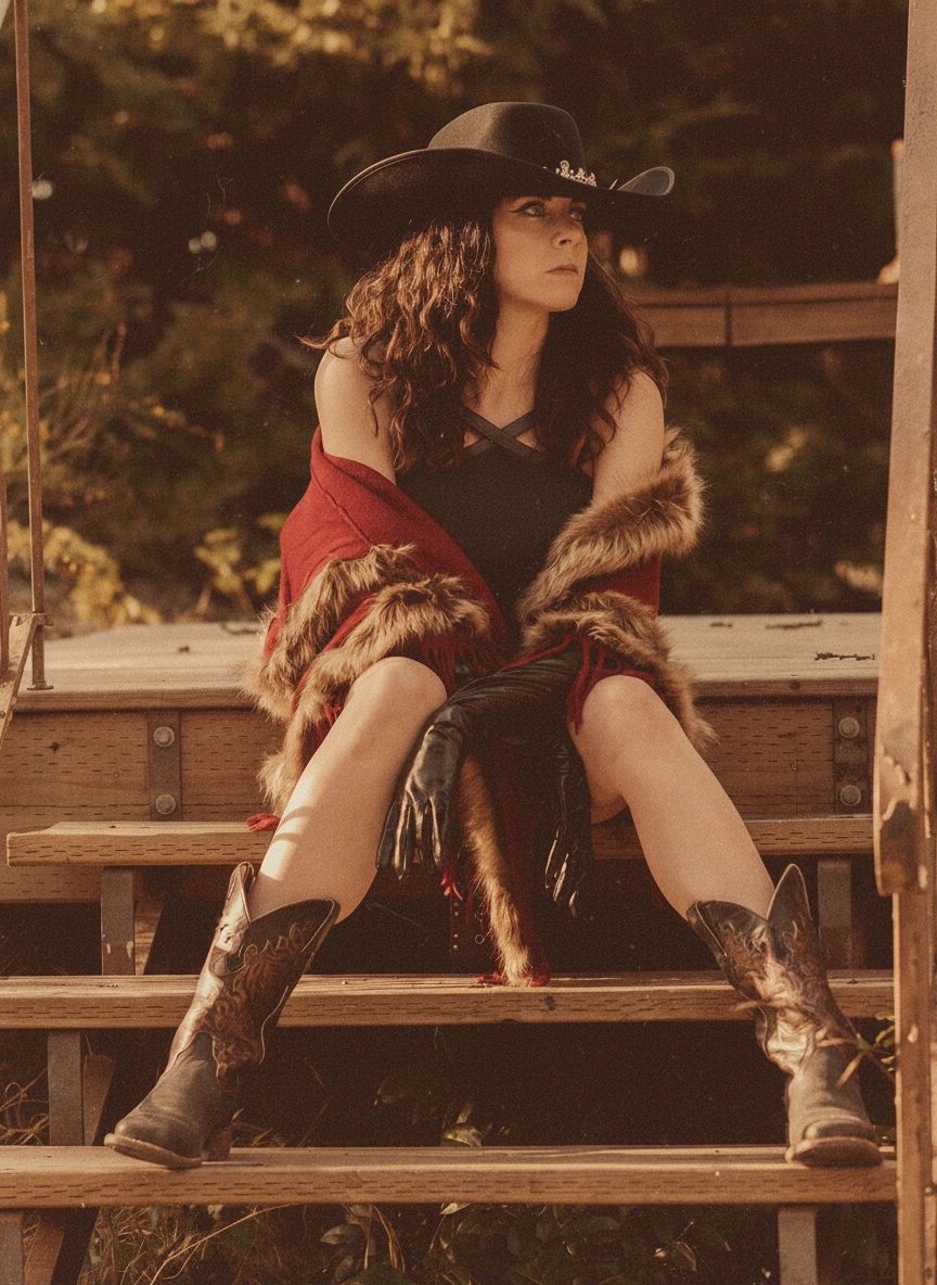 Melissa Endean — sitting on wooden steps in cowboy hat and boots