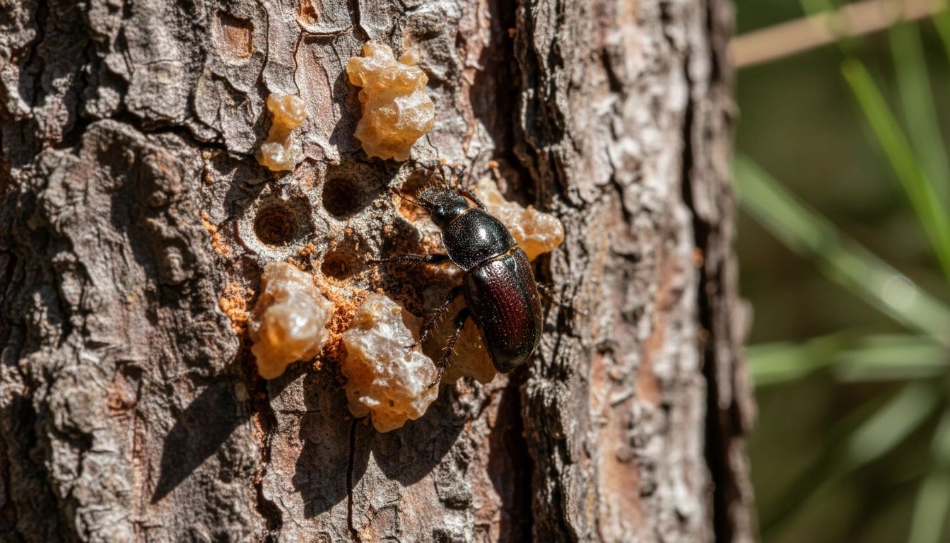 Mountain pine beetle actively on pine tree bark
