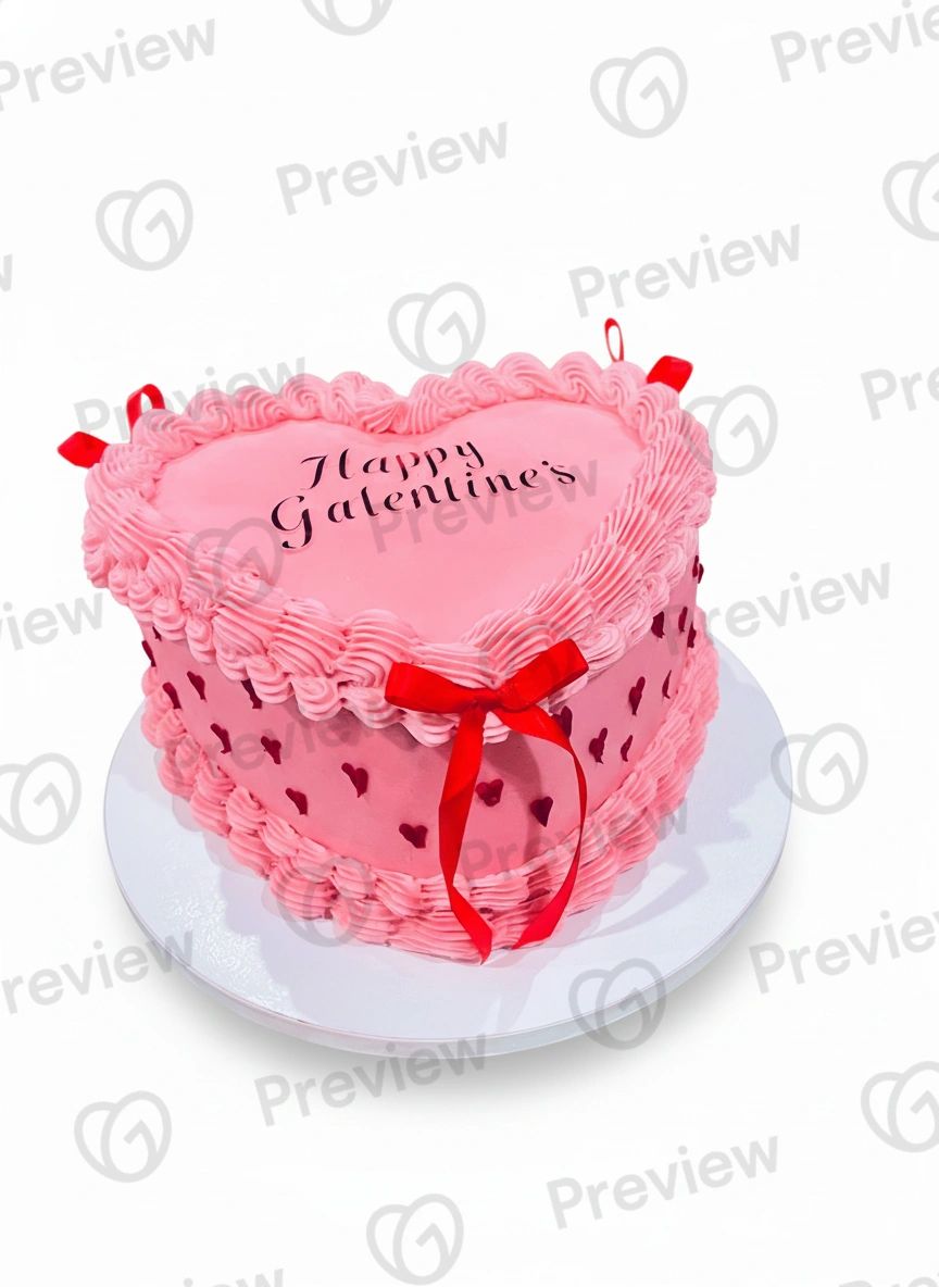 Beautiful pink heart-shaped custom cake with white background