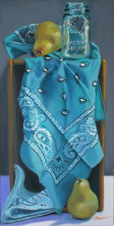Green pears and a small Ball jar on a teal bandana.