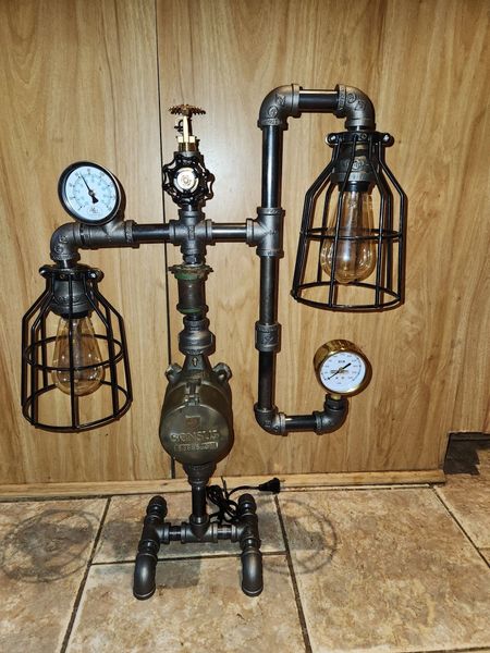 2 bulb with cage Edison style lamp with antique water meter and sprinkler head