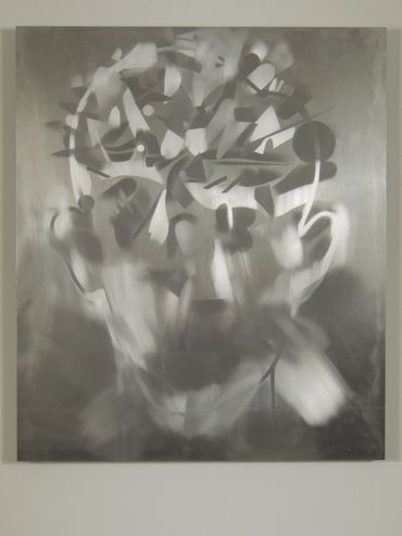 Monochromatic abstract painting with geometric shapes.
