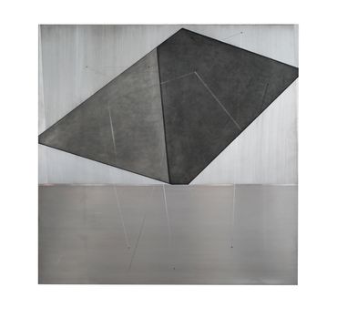 Abstract geometric artwork with large dark shapes and subtle colored dots.