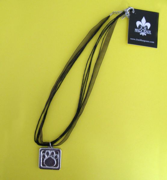 Paws for a Cause Black Ribbon Necklace with Pewter Paw Print