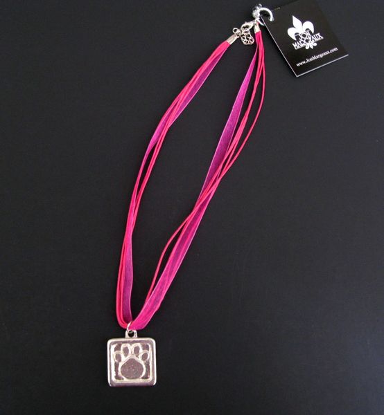 Pink Ribbon Necklace with Pewter Paw Print