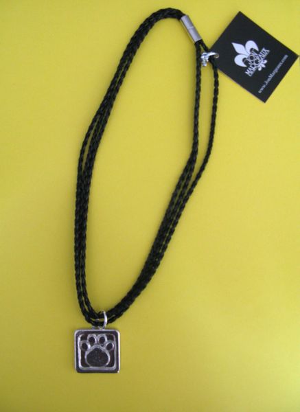 3 Strand Braided Black Leather Necklace with Pewter Paw Print