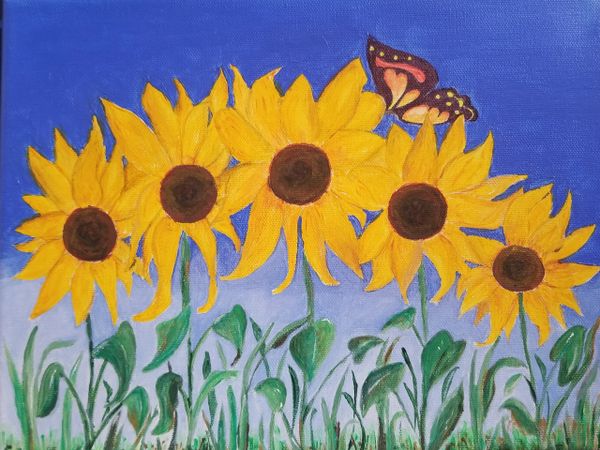 Acrylic on canvas, 8"x10", Sunflowers & Butterfly