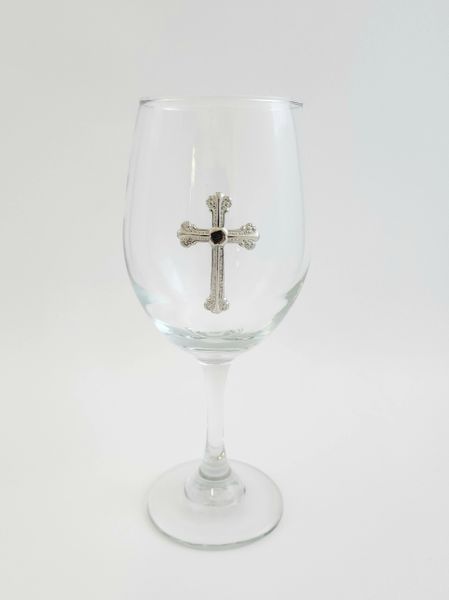 Wine Glasses (19 oz) with a Pewter Cross - Set of 4
