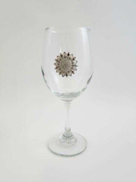 Wine Glasses (16 oz) with a Pewter Sunflower - Set of 4