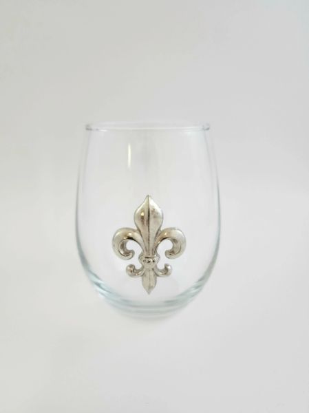 Stemless Wine Glasses (19 oz) with a Pewter Fleur de Lis