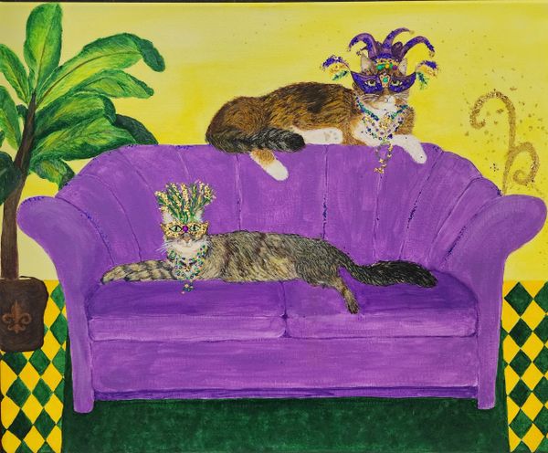 Acrylic on canvas, 16"x20" - Mardi Gras Cats - SOLD