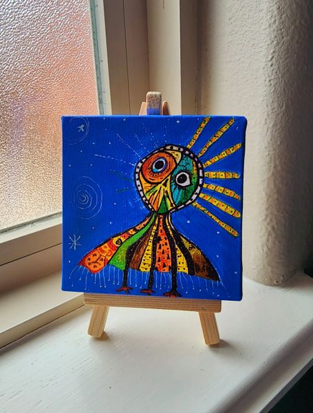 Acrylic on canvas, 4"x4" (easel included) - My Little Alien