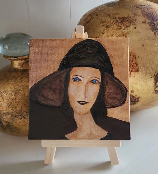Acrylic on canvas, 4"x4" (easel included) - Girl With The Hat