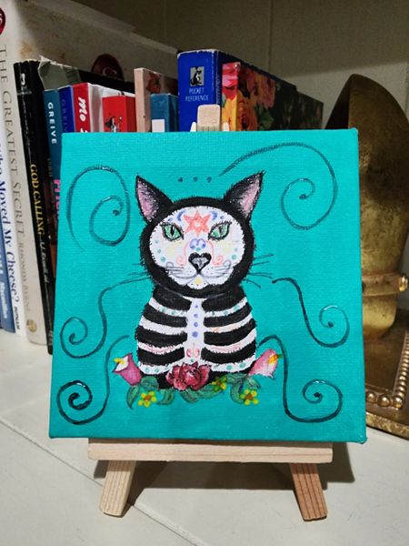 Acrylic on canvas, 4"x4" (easel included) - Frida Catlo