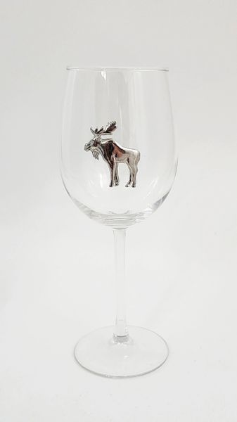 Wine Glasses (16 oz) with a Pewter Moose - Set of 4