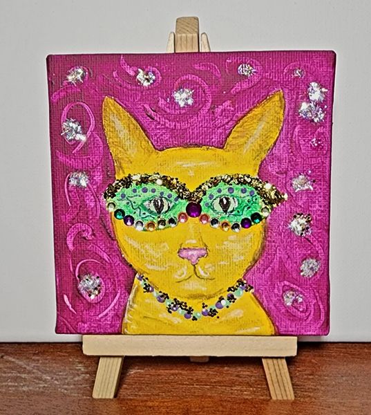 Acrylic on Canvas, 4"x4", Mardi Gras Cat