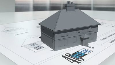 Architectural rendered image of a 3D clay render house on a site plan.