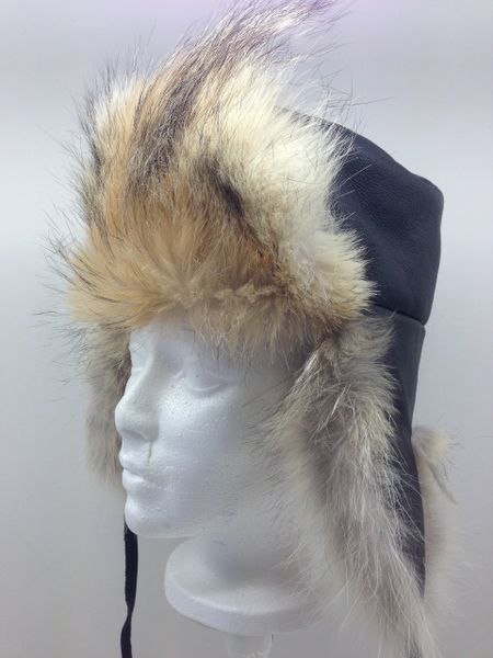 Coyote fur & black leather trapper hat | Globecraft Inc.